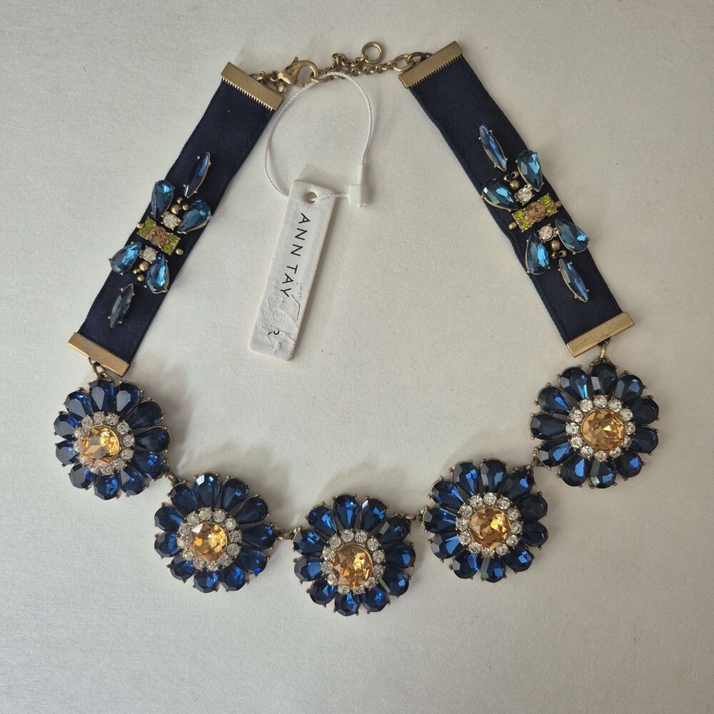 Ann Taylor Blue Ribbon Floral Crystal Cluster Statement Choker Necklace 19 IN